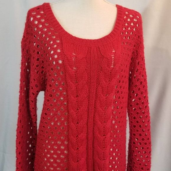 JCP Hi Low Red Open Weave Sweater Size Petite Large - Picture 2 of 7